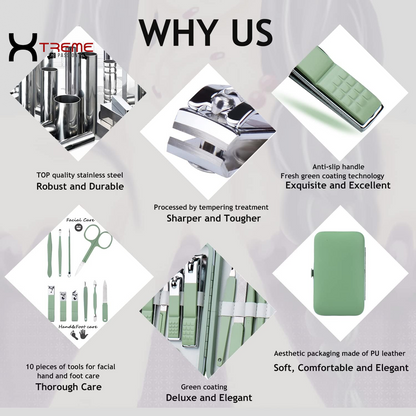 Elevate Your Grooming Routine with the Premium 10-in-1 Jade Green Stainless Steel Manicure Set - Complete Nail Care Kit for Men and Women in a Stylish Leather Case