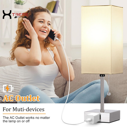 Elevate Your Space with the Modern Touch Control Bedside Lamp - 3-Way Dimmable, USB Ports & AC Outlet, Featuring a Chic White Fabric Shade