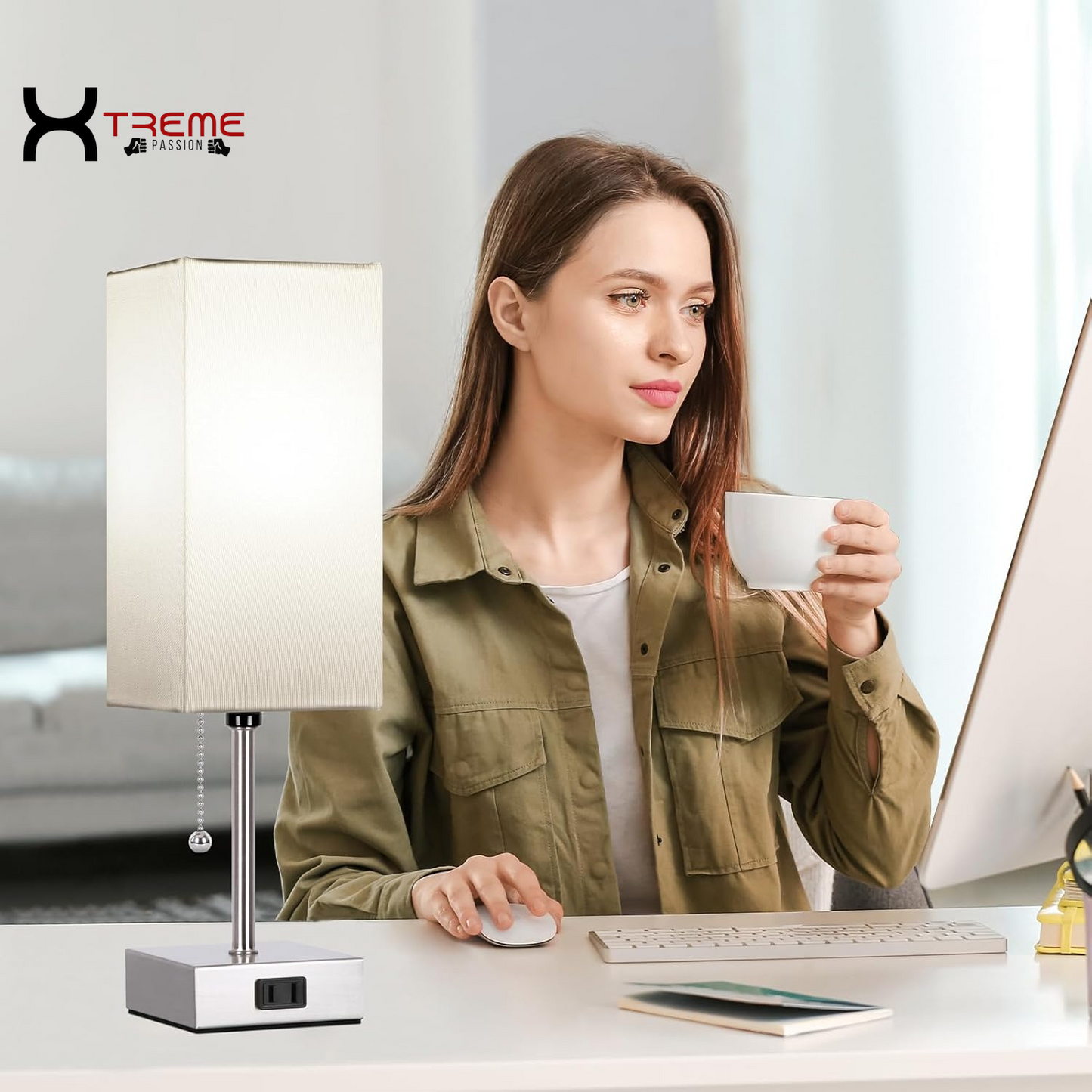 Elevate Your Space with the Modern Touch Control Bedside Lamp - 3-Way Dimmable, USB Ports & AC Outlet, Featuring a Chic White Fabric Shade