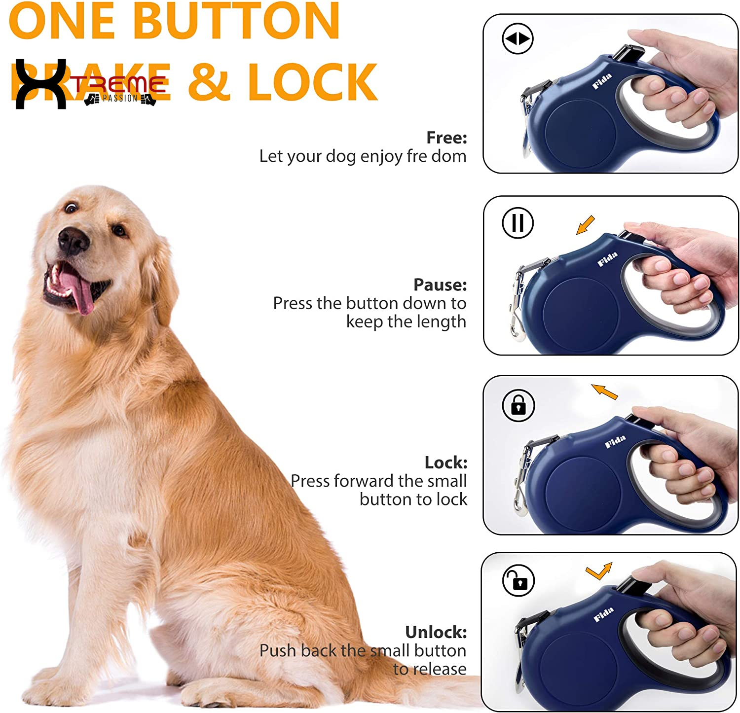 Ultimate 16 Ft Retractable Dog Leash with Poop Bag Dispenser - Tangle-Free & Anti-Slip Handle for Large Dogs Up to 110 Lbs - Reflective Nylon in Navy Blue