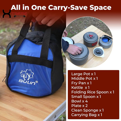 Ultimate 24-Piece Lightweight Camping Cookware Set for Family Adventures – Includes Kettle, Pots, Frying Pan, Bowls, Plates, and Spoon!