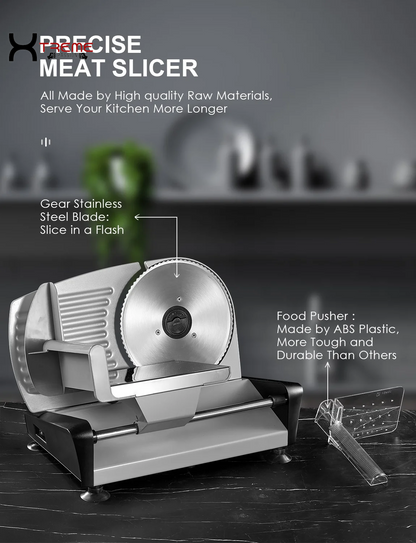 Premium 200W Electric Meat Slicer - Versatile 7.5" Stainless Steel Blades & Adjustable Thickness for Perfect Deli Cuts at Home - Sleek Silver Design