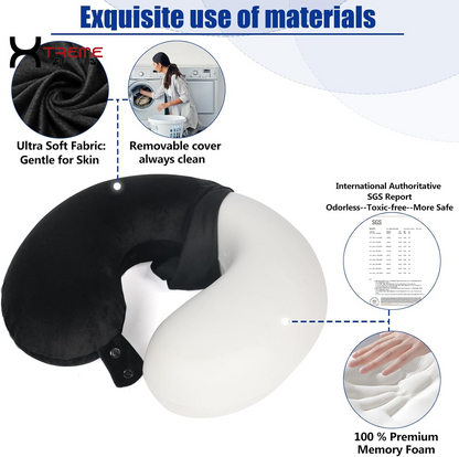 Experience Unmatched Comfort with Our 100% Pure Memory Foam Travel Neck Pillow - Perfect for Airplane, Car, Home & Office with Easy-to-Clean Washable Cover in Black