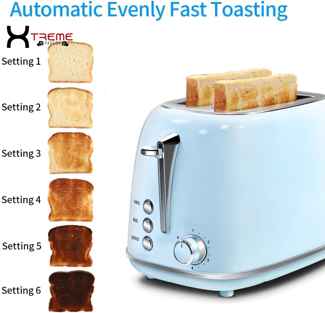 Stylish Deep Blue Compact 2-Slice Toaster with 6 Browning Settings, Bagel & Defrost Functions, and Removable Crumb Tray - Perfect for Every Kitchen!