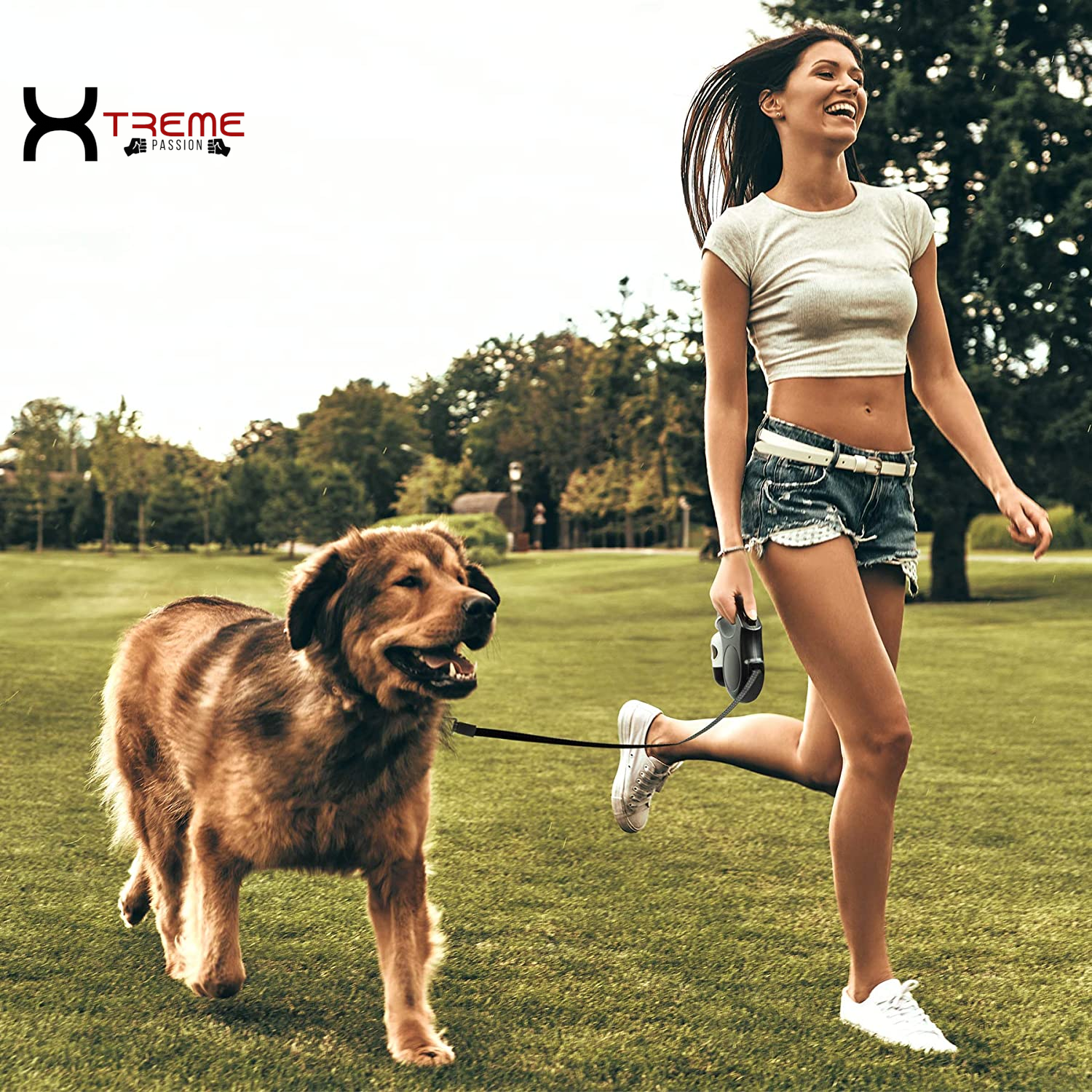 Ultimate 16 Ft Retractable Dog Leash with Poop Bag Dispenser - Tangle-Free & Anti-Slip Handle for Large Dogs Up to 110 Lbs - Reflective Nylon in Navy Blue