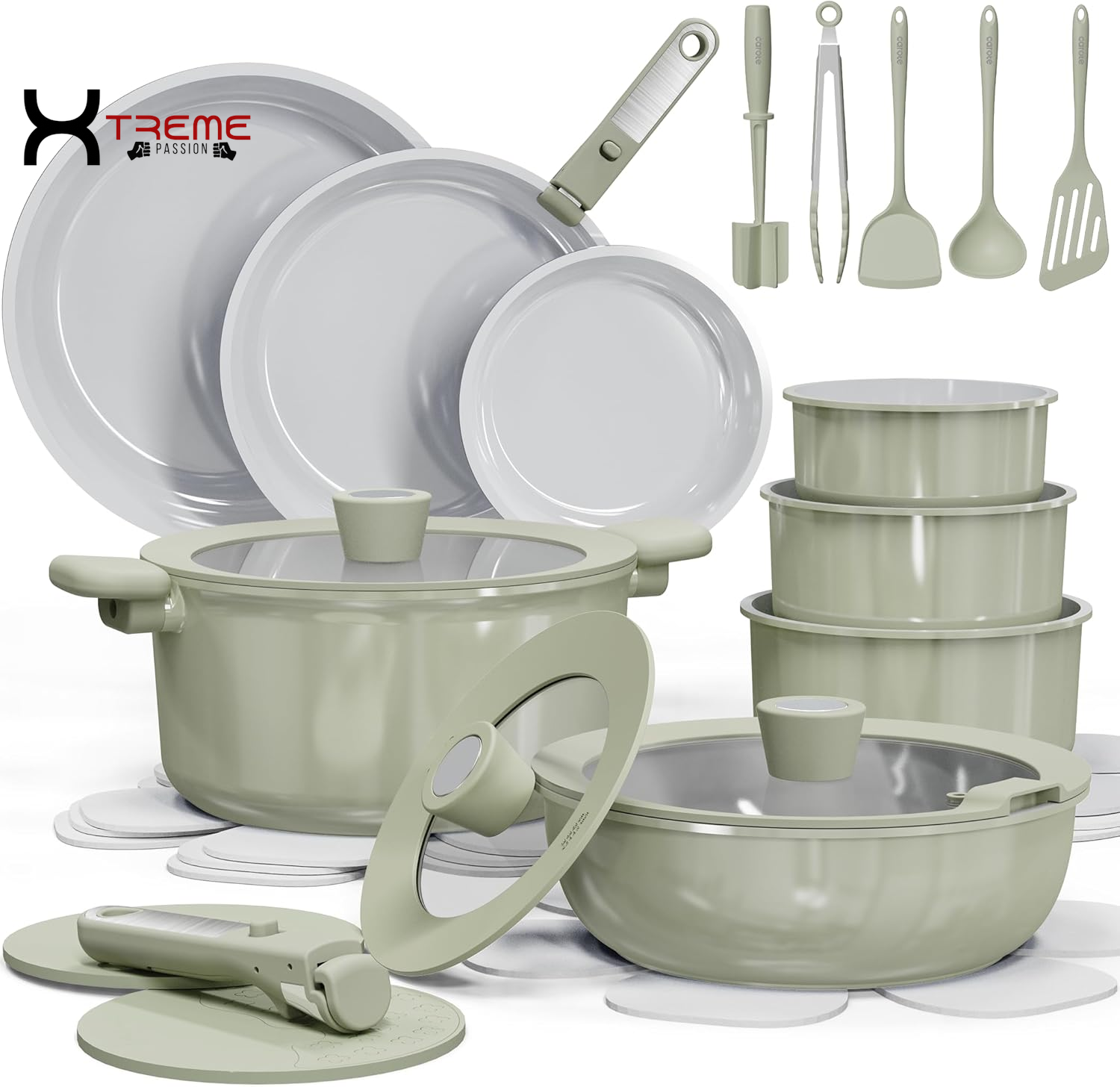 Elevate Your Culinary Skills with the 27-Piece Eco-Friendly Nonstick Ceramic Cookware Set in Stylish Green - Perfect for Home, RV, and Camping!