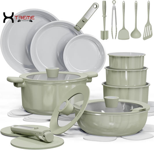 Elevate Your Culinary Skills with the 27-Piece Eco-Friendly Nonstick Ceramic Cookware Set in Stylish Green - Perfect for Home, RV, and Camping!