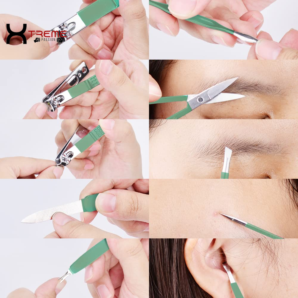 Elevate Your Grooming Routine with the Premium 10-in-1 Jade Green Stainless Steel Manicure Set - Complete Nail Care Kit for Men and Women in a Stylish Leather Case