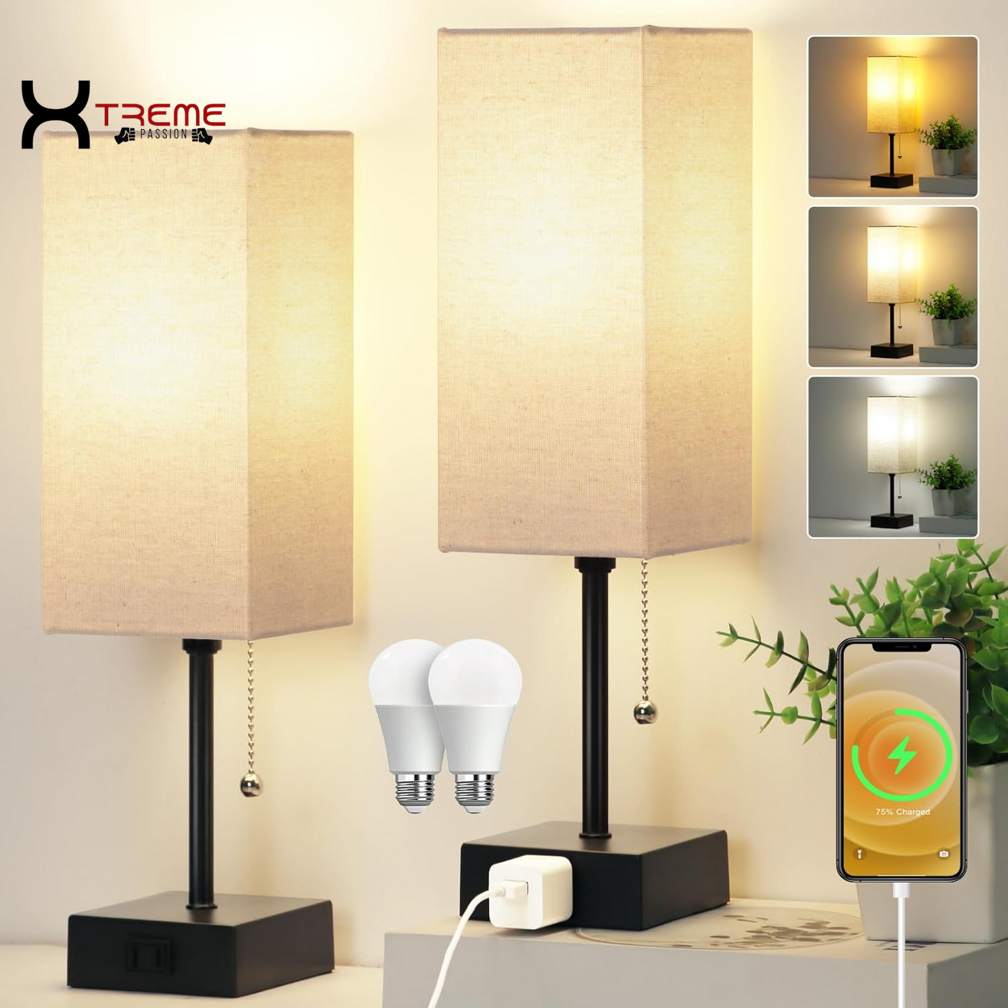 Elevate Your Space with the Modern Touch Control Bedside Lamp - 3-Way Dimmable, USB Ports & AC Outlet, Featuring a Chic White Fabric Shade