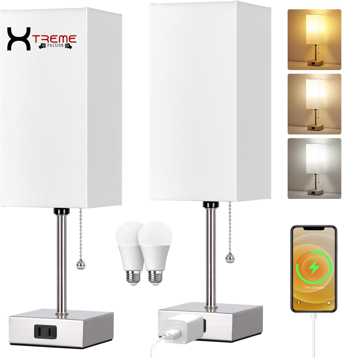 Elevate Your Space with the Modern Touch Control Bedside Lamp - 3-Way Dimmable, USB Ports & AC Outlet, Featuring a Chic White Fabric Shade