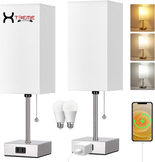 Elevate Your Space with the Modern Touch Control Bedside Lamp - 3-Way Dimmable, USB Ports & AC Outlet, Featuring a Chic White Fabric Shade