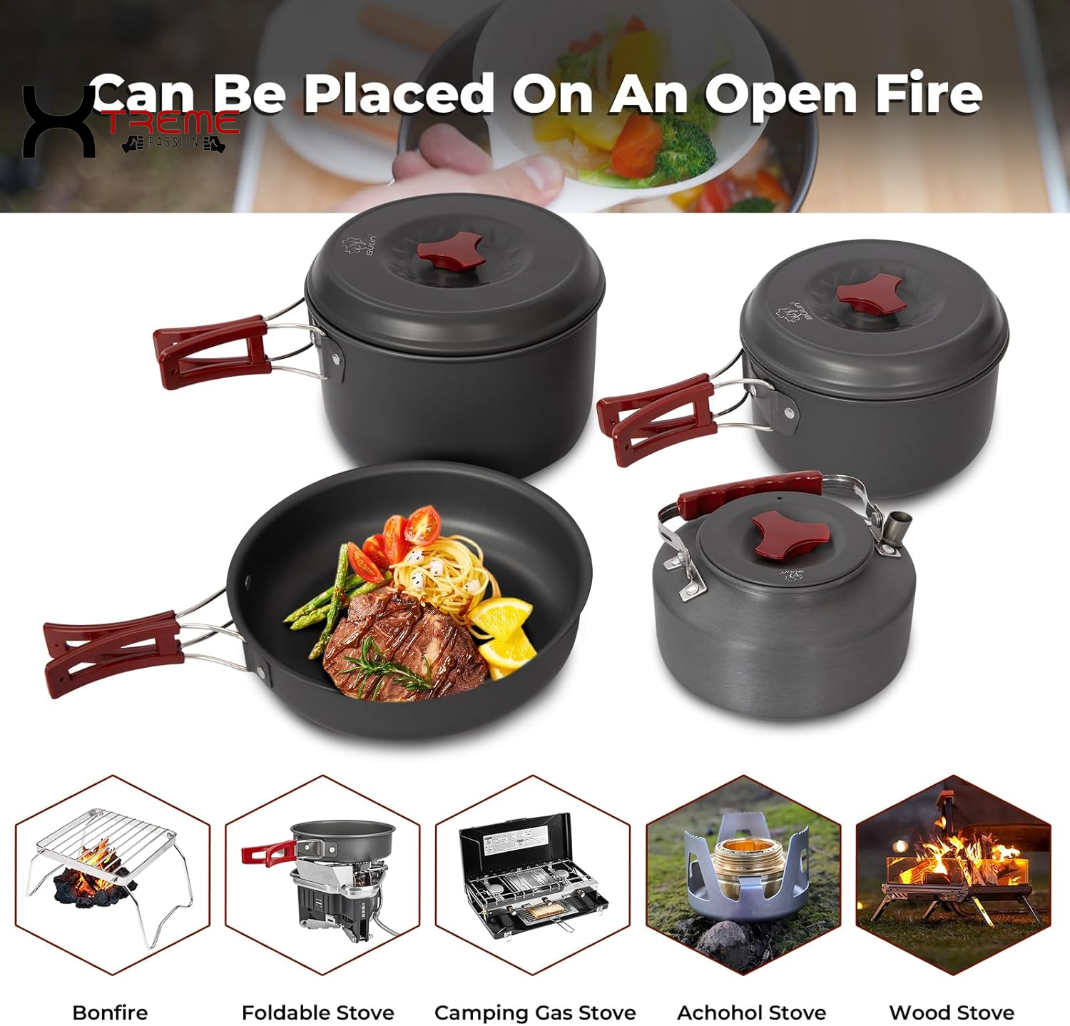 Ultimate 24-Piece Lightweight Camping Cookware Set for Family Adventures – Includes Kettle, Pots, Frying Pan, Bowls, Plates, and Spoon!