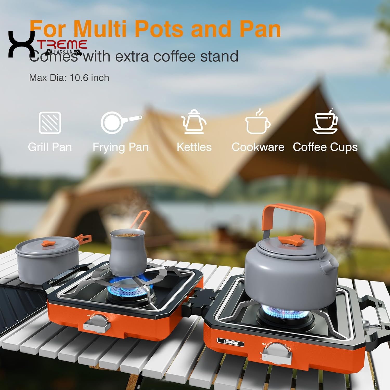 Portable 2-Burner Camping Stove with Windshield - 20000 BTU Propane Camp Stove, Includes Frying Pan, Coffee Stand & Carry Bag - Essential Outdoor Gear in Vibrant Orange
