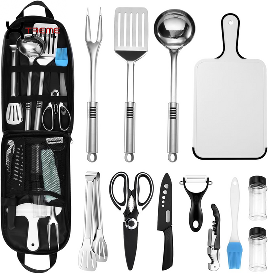 Ultimate 14-Piece Stainless Steel Camping Cooking Set - Your Complete Outdoor Kitchen Companion with Portable Storage Bag for Grilling, BBQ, and Adventure Cooking!