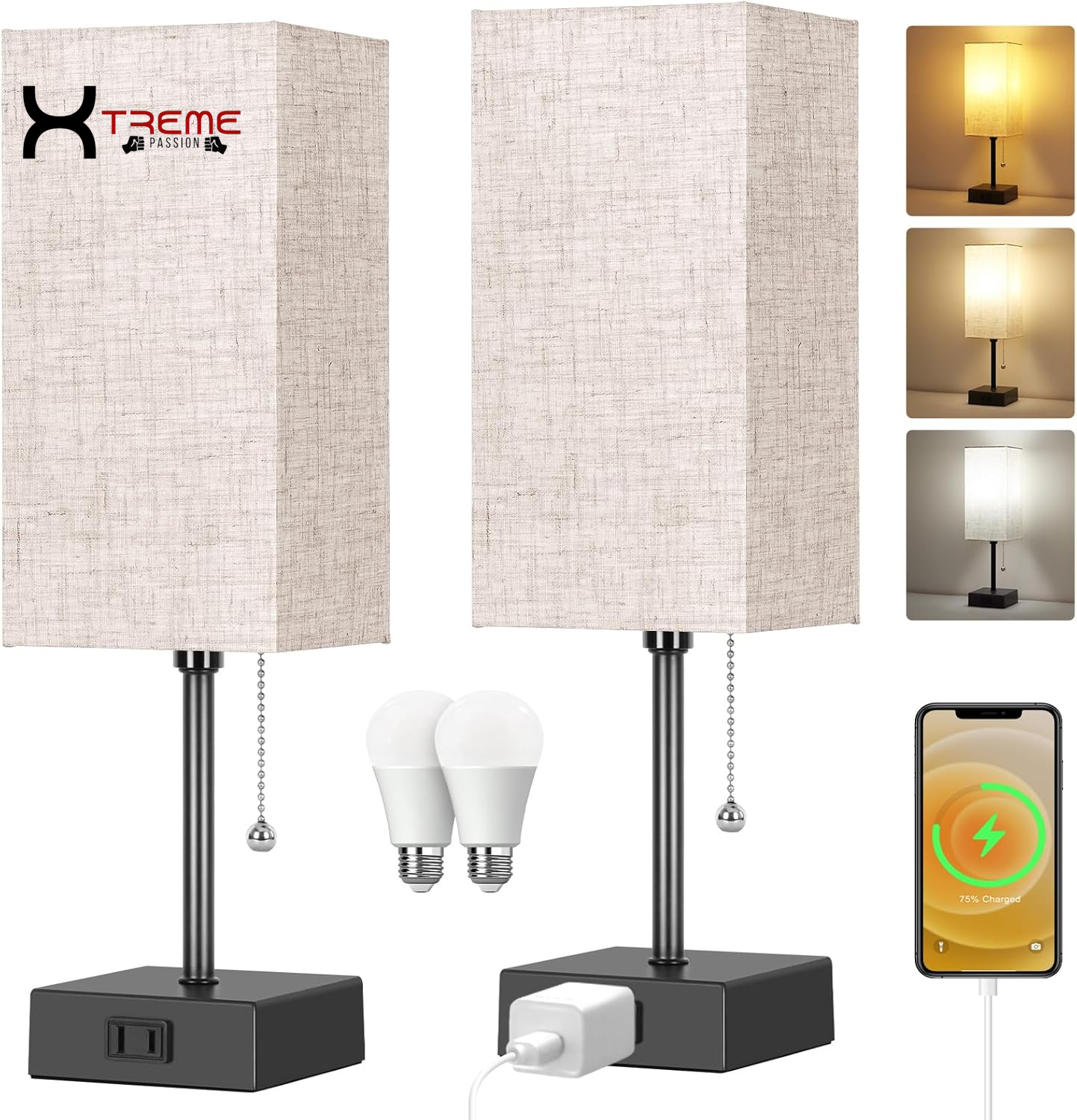 Elevate Your Space with the Modern Touch Control Bedside Lamp - 3-Way Dimmable, USB Ports & AC Outlet, Featuring a Chic White Fabric Shade