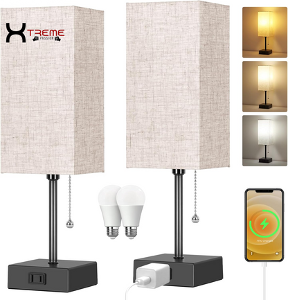 Elevate Your Space with the Modern Touch Control Bedside Lamp - 3-Way Dimmable, USB Ports & AC Outlet, Featuring a Chic White Fabric Shade