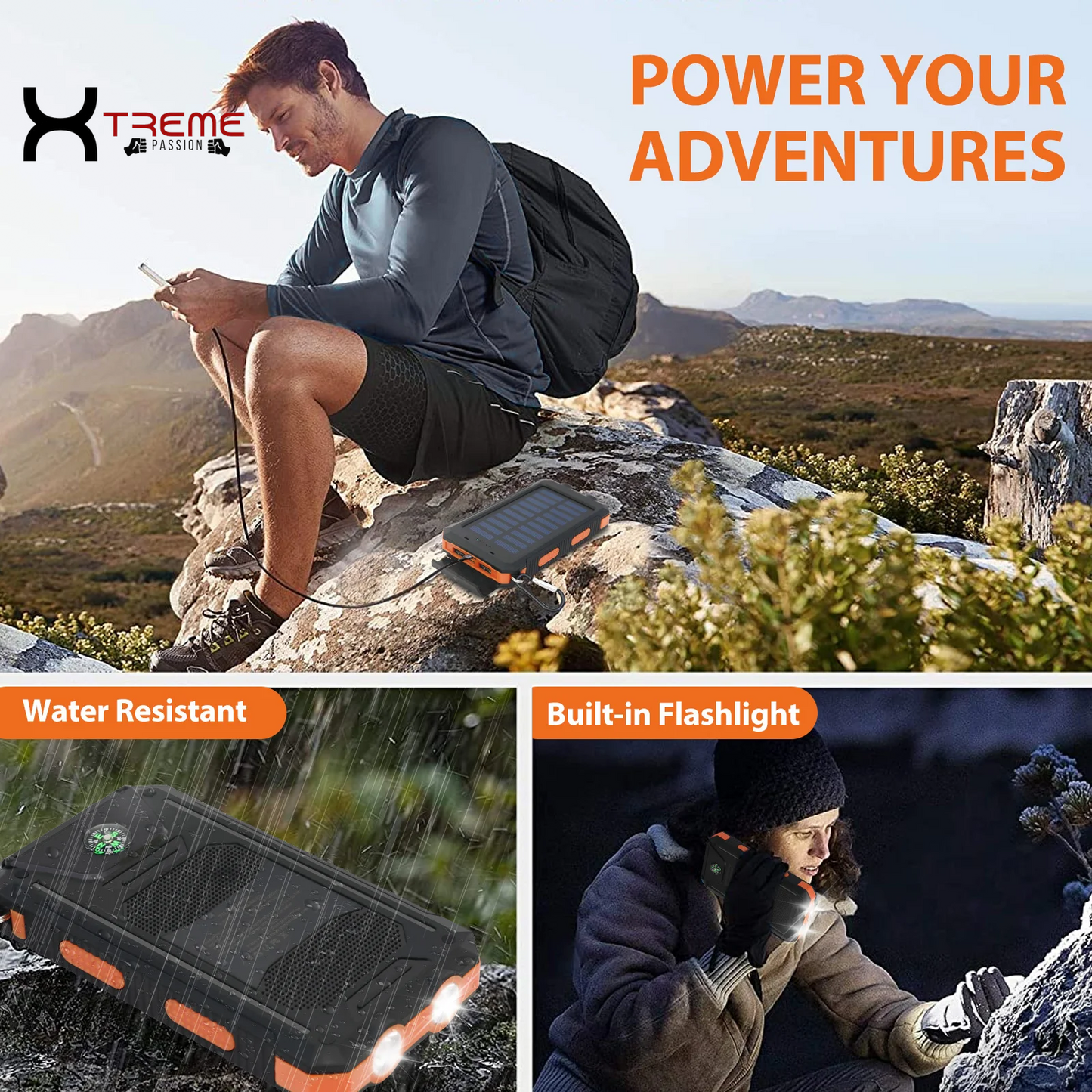 20000mAh Waterproof Solar Power Bank - Dual USB Ports & LED Flashlight for Outdoor Adventures