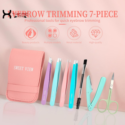 Ultimate 7-Piece Eyebrow Tweezers Kit for Women - Precision Plucker Set with Scissors, Razor & Spoolie for Flawless Facial Grooming