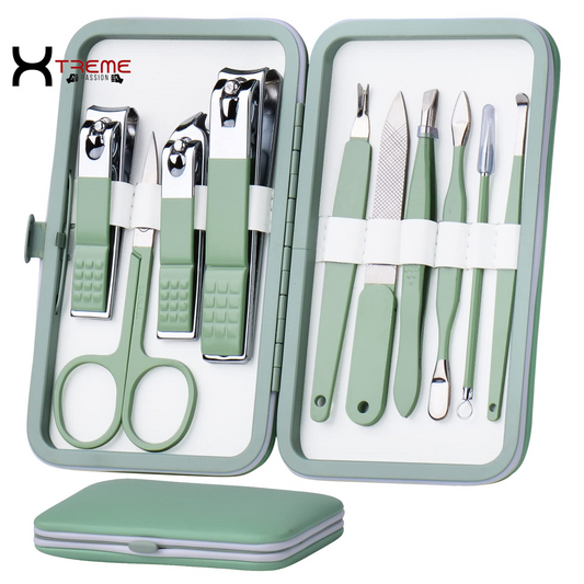 Elevate Your Grooming Routine with the Premium 10-in-1 Jade Green Stainless Steel Manicure Set - Complete Nail Care Kit for Men and Women in a Stylish Leather Case