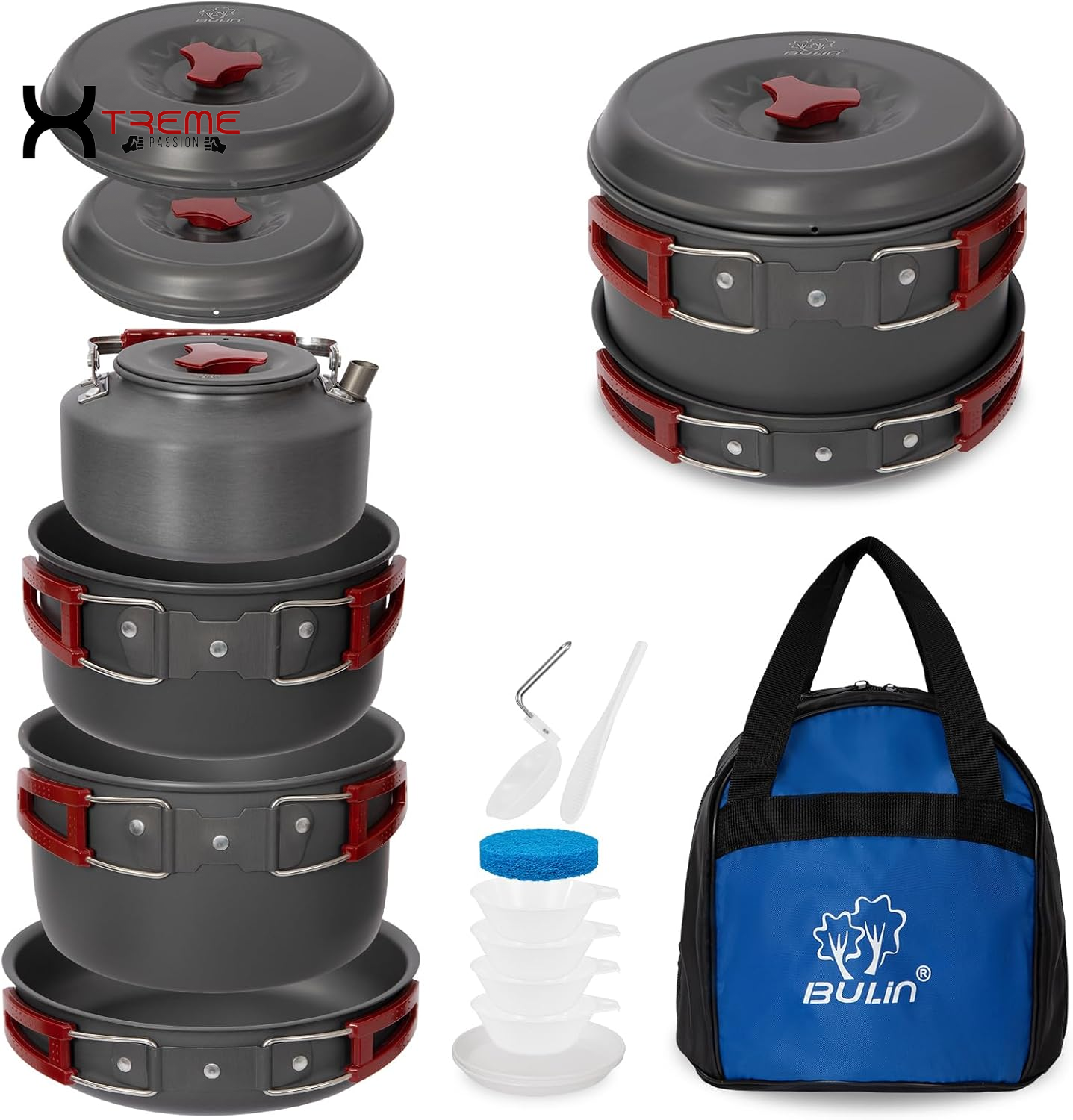 Ultimate 24-Piece Lightweight Camping Cookware Set for Family Adventures – Includes Kettle, Pots, Frying Pan, Bowls, Plates, and Spoon!