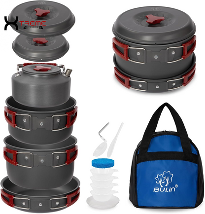 Ultimate 24-Piece Lightweight Camping Cookware Set for Family Adventures – Includes Kettle, Pots, Frying Pan, Bowls, Plates, and Spoon!