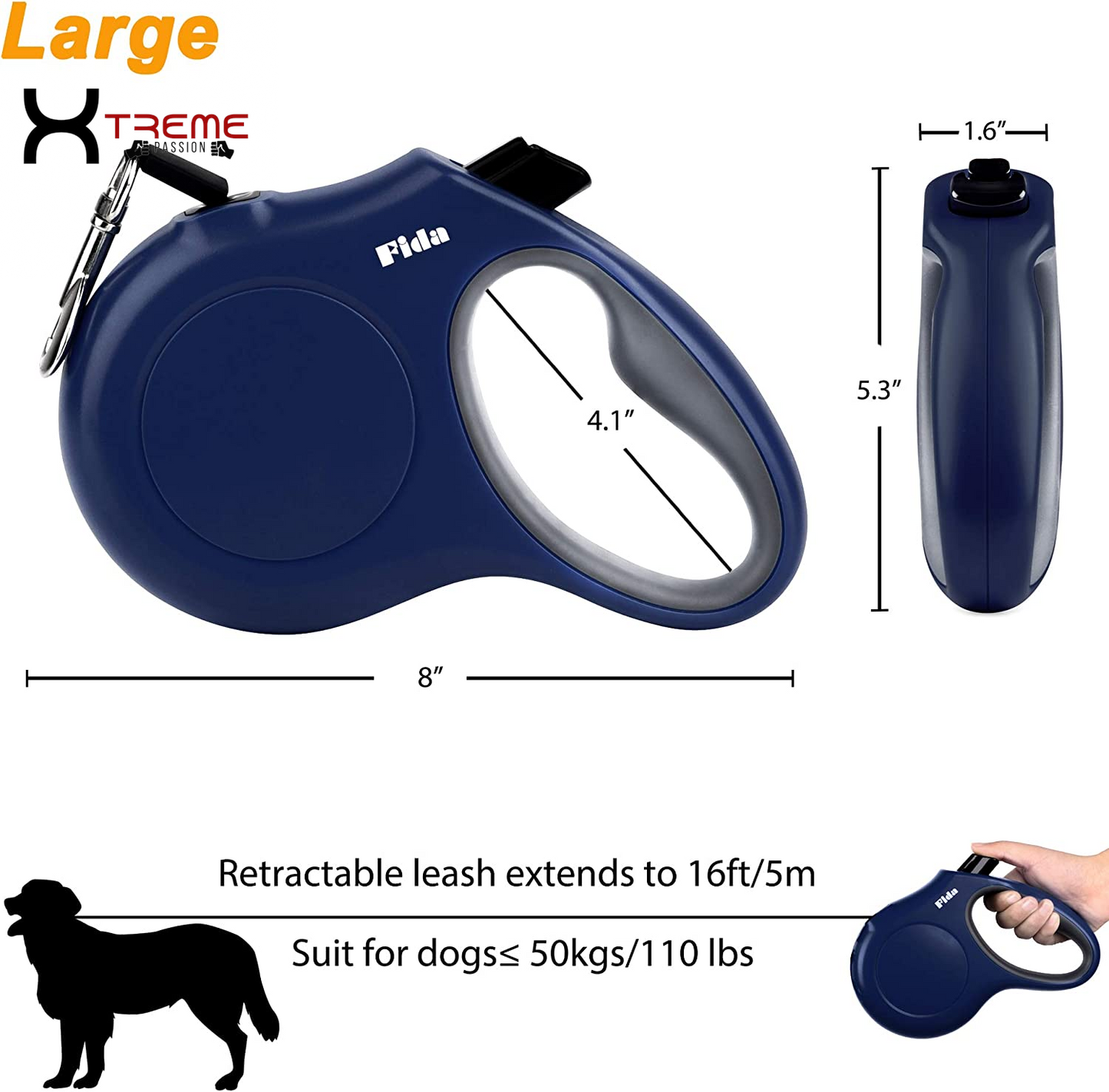 Ultimate 16 Ft Retractable Dog Leash with Poop Bag Dispenser - Tangle-Free & Anti-Slip Handle for Large Dogs Up to 110 Lbs - Reflective Nylon in Navy Blue