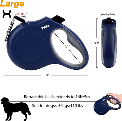 Ultimate 16 Ft Retractable Dog Leash with Poop Bag Dispenser - Tangle-Free & Anti-Slip Handle for Large Dogs Up to 110 Lbs - Reflective Nylon in Navy Blue