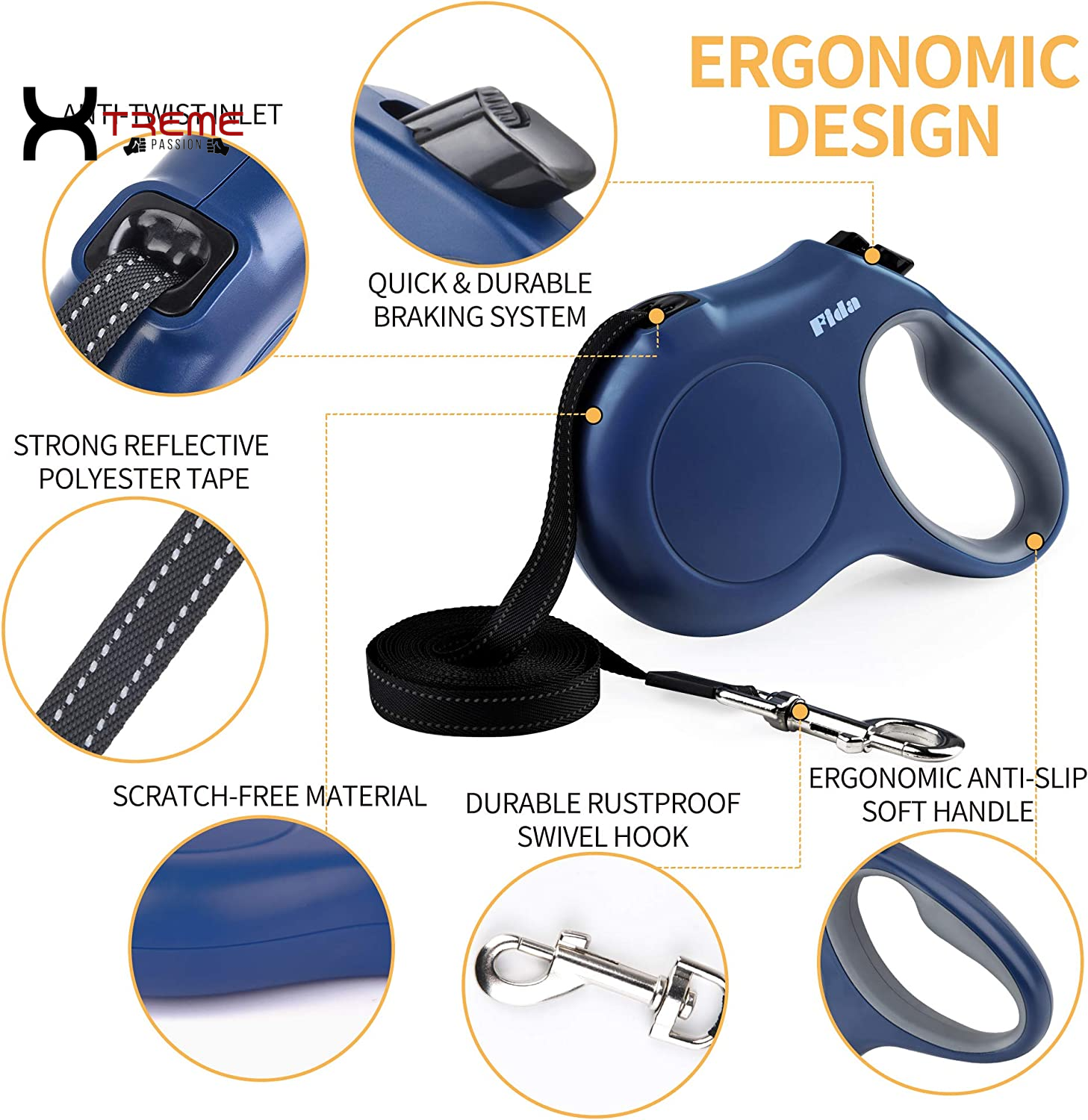 Ultimate 16 Ft Retractable Dog Leash with Poop Bag Dispenser - Tangle-Free & Anti-Slip Handle for Large Dogs Up to 110 Lbs - Reflective Nylon in Navy Blue